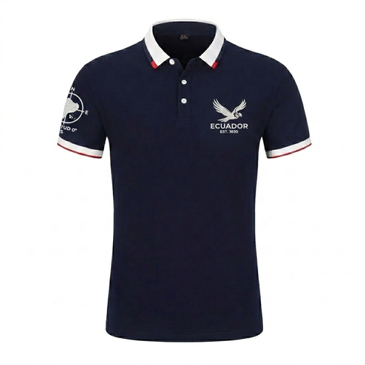 Navy blue polo shirt with white collar and sleeves, featuring a condor logo and 'Ecuador' text on a white background.