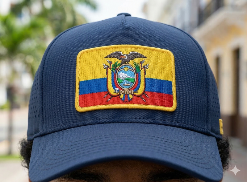 Navy blue cap with Ecuadorian flag patch worn by a person outdoors.