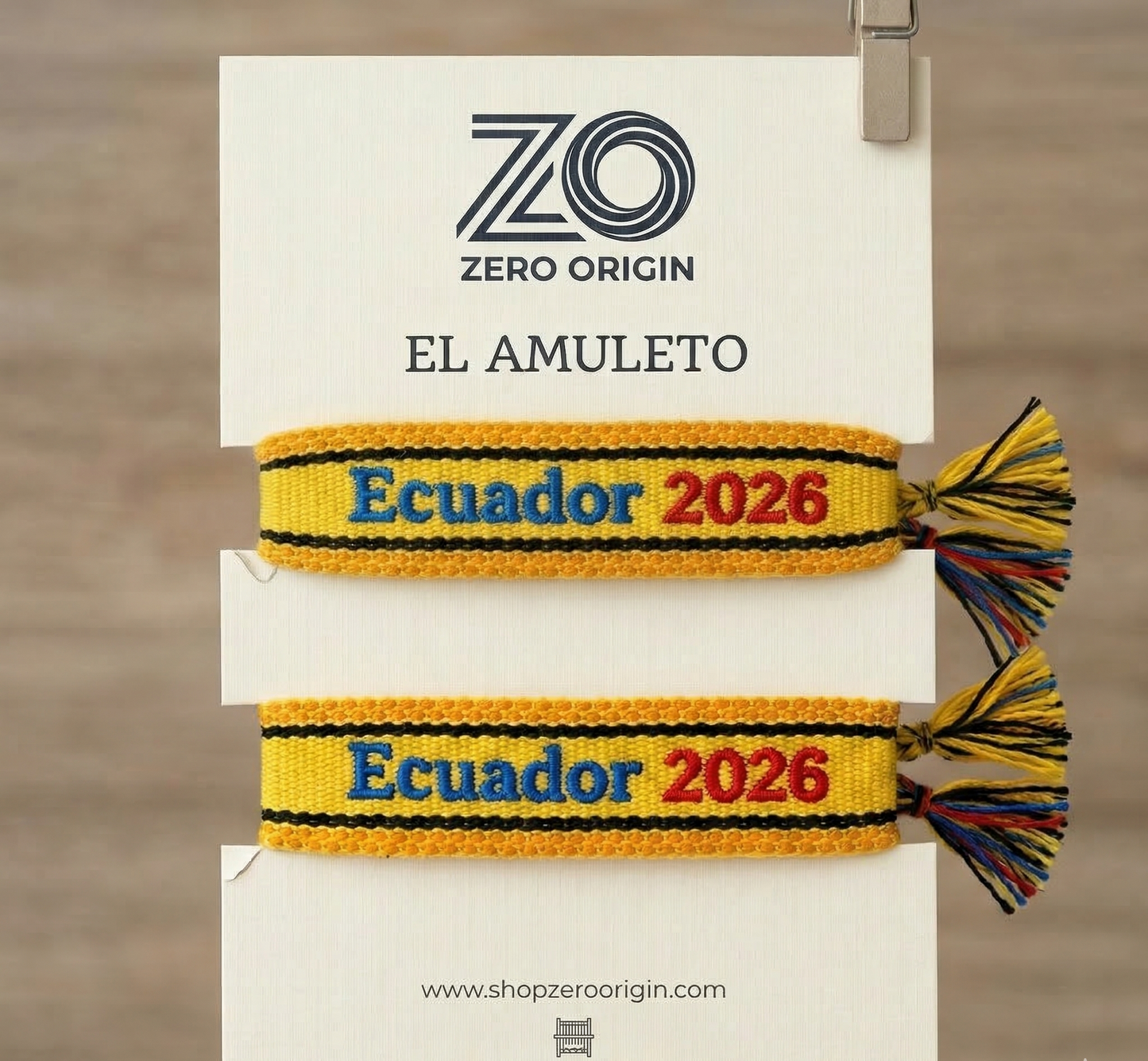 Two colorful bracelets with 'Ecuador' text on a Zero Origin branded card.