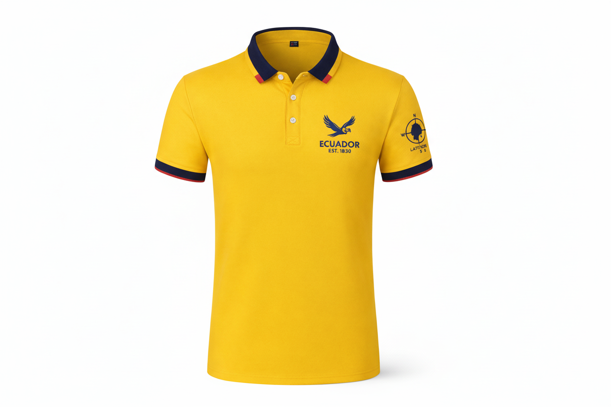 Yellow polo shirt with navy accents and branding on a white background