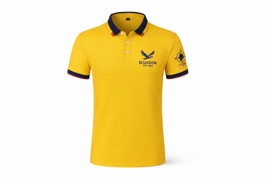 Yellow polo shirt with navy accents and branding on a white background
