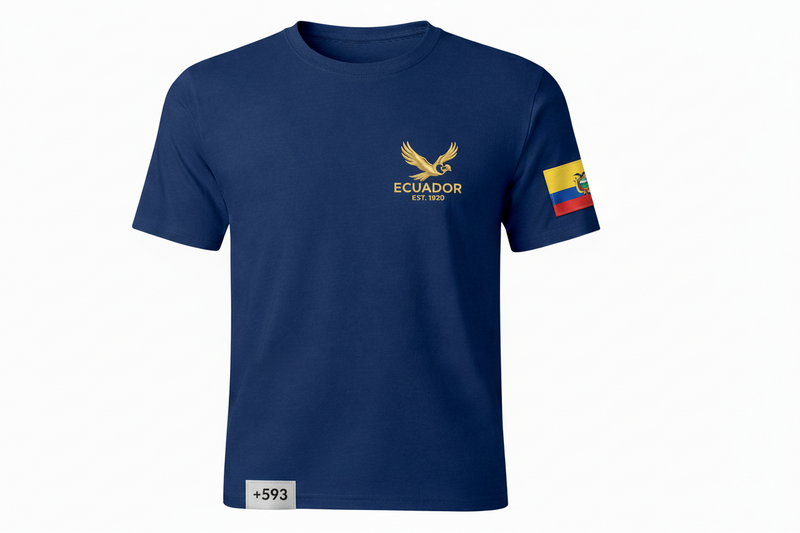 Blue t-shirt with Ecuadorian flag design on sleeve and logo on chest against a white background