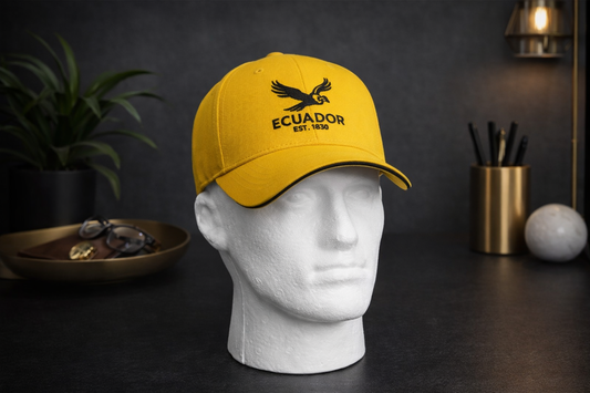 Yellow cap with 'Ecuador' text on a mannequin head against a dark background
